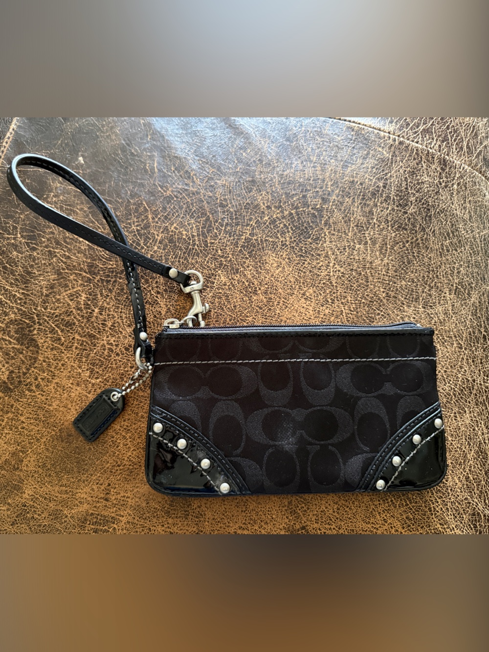 Coach Black Signature Wristlet with Studded Patent Corners